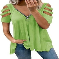 PLNOTME žensko hladno rame Ležerne prilike Labavi kratki rukav Zip up V izrez Tunika majica Solid Color