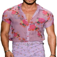 Muška floralna čista pudcoco-a Vidi kroz gumb s kratkim rukavima prednja bluza za bluzu Klupska odjeća