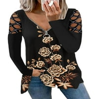 Hait Ladies majica V izrez majica cvjetni print tee ženska bluza tunika dugih rukava pulover kaki crni