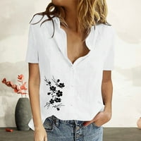 Ženske obične cvjetne bluze pamučne posteljine kratkih rukava majice casual v izrez Tunika meke prozračne košulje udobne težene bijele xxl
