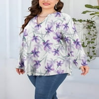 Plus veličina Ženski bluze ljubičasti cvijeće uzorke ispisane majice dugih rukava za ženske casual vrhove