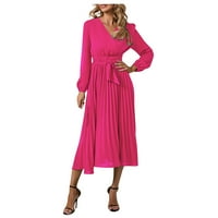 Haljina za žene, ženski snimka s dugim rukavima nagnutim remenom V-izrez Elegantna haljina vruća ružičasta