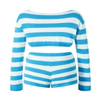 Carolilly Women Trendy pletena odjeća, čvrsta boja Stripe Off rame Srednje vrhove + elastični šorc set