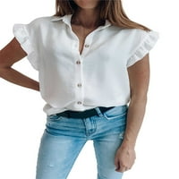 Nizine žene Solid Color V izrez Bluze Radni vrhovi ruffle kratki rukav casual gumb useže majice Ljetni