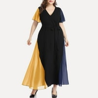 Ženska V-izrez Modna gležnjana dužina, puna maxi kratka rukavska ljetna haljina Yellow XL
