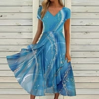 Ženska ispisana haljina s kratkim rukavima modna casual v patentna suknja, plava, s