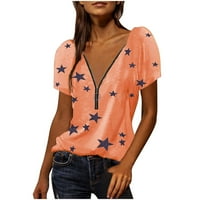 Scyoekwg majica kratkih rukava za žene Print Comfy Trendy Ležerne prilike sa labavim ljetnim grafičkim tenisima Zipper V-izrez Tunic Tops Košulje Narandžaste XL