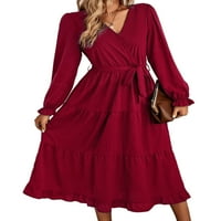 HANERDUN ženske haljine haljine midi dugih rukava haljina crvena l