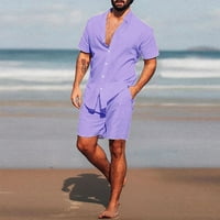 Muška plaža odijela labavo fit solid boju Squre Crt Calt down majice kratkih rukava i elastične kratke hlače Ležerne prilike prozračne lagane dvije ljubičaste xxxl