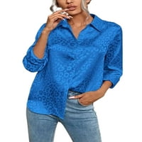 Voguele žene vrhove gumb dolje majice dugih rukava bluza Radna majica elegantna plava m