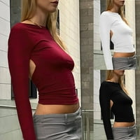 Žene seksi nacrti bez leđa casual y2k košulje usevima s dugim rukavima Crewneck Tees