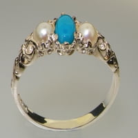 Britanci izrađeni 18k bijeli zlatni prirodni tirkizni i kultivirani biserni ženski trilogijski prsten