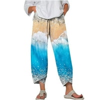 Ženske ležerne ljetne kapri hlače pamučne posteljine elastične strugose pantalone za elastičnu strugu Print Rele Fit plaža obrezane hlače Bež plava L