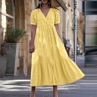 IDORAVAN Ljetne haljine za žene čišćenje Ženska moda V-izrez Labavi kratki rukav Srednja haljina Srednja