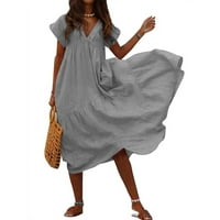 Žene Maxi kratki rukav modni maxi solidna ljetna haljina V-izreza Siva 5xl