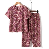 Ženski cvjetni print pamučni pidžami Postavite dugme s kratkim rukavima dolje Top & Capri hlače Spavaće