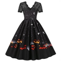 Ženski vintage kratki rukav Halloween Print Maxi haljine čipke Swing Party Halloween haljine crne s