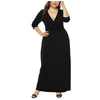 Jesenske haljine za žene Žene modne čvrste boje V-izrez s dugih rukava elastična večernja haljina crna