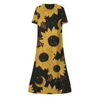 Clearsance Ljetne haljine za žene Maxi casual tiskani kratki rukav A-line Henley haljina žuta 2xl