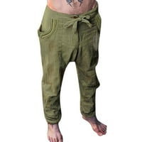 Muška moderna ulica labavi više džep udobne pamučne posteljine casual hlače, odjeća za muškarce zelena