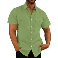 Dugme Down Majica za muškarce Pamučna posteljina Big i visoka čvrsta boja Dvostruki džep kratki rukav Cardigan Cardigan Thirts Casual Comfy bluza Top Green L