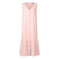 Ljetne haljine za žene bez rukava a-line dužina gležnja seksi V-izrez tiskana Dnevna haljina ružičasta