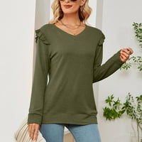 Smanjeni ženski dugi rukav V-izrez V-izrez Lounge Solid Rucfles Hoodie majica majica, maslina zelena