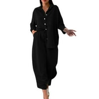 Žene Retro Plus size Pamuk i košulja odijelo visoki struk odijelo Top hlače s dugim rukavima crna l
