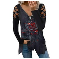 Haxmnou ženski povremeni patentni zatvarač s leptirama V-izrez, bluza s dugim rukavima Bluza Crna s
