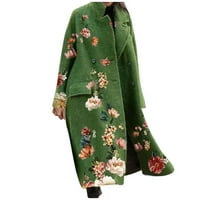 Ženski modni ispisani džep dugi rukav rever vuneni dugi kaput zeleni