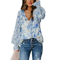 Ženski cvjetni print V izrez Bluze casual puff rukava na vrhu padajuće majice za žene plavi xl