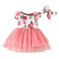 B91XZ Girls Party Haljine Toddler suknja Slatka cvjetna cvjeta Print Šivet mrežice mrežaste haljine Leteće rukavice ružičaste ružičaste ružičaste, veličine 9-mjeseci
