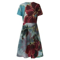 Clearsance Ljetne haljine za žene Srednja duljina labavi otisak kratkih rukava A-line V-izrez Crvena