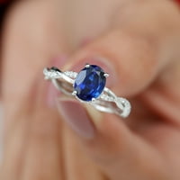 Ovalni rez laboratorija stvorio je Blue Sapphire Solitaire Prsten sa dijamantima, 14k bijelo zlato,