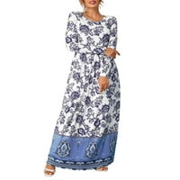 Boho cvjetni print okrugli vrat Line haljina dugih rukava plave i bijele ženske haljine