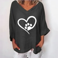 Pamučne platnene košulje za žene modno srce tiskane V- izrez dugih rukava majica pamučna posteljina