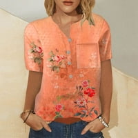 Tking Fashion Womens Ljetni kratki rukav V izrez cvjetni vrhovi tiskanih titla T majice s džepom narančastom