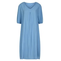 Ženska pamučna posteljina od punog pamučnog posteljina kratki rukav casual naleted midi haljina plava