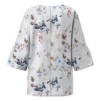 Clearce Women Ljeto pamučne posteljine vrhovi ispisa labavog fit bluza rukave Vintage Crewneck Plus majica bijela l