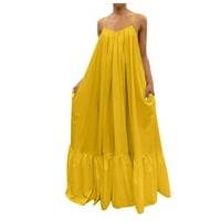 Ženska modna casual čvrsta kaiševa Džepna labava bez leđa Big Swing haljina plus maxi haljina žuta l