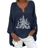 Božićni ženski dugi rukav V izrez Nepravilni hem gornji majica Casual Linen Blend majica Tee bluza
