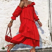 Žene Haljine - čvrste midi modne elegantne haljine dugih rukava jedno rame FIT & FLARE haljina crvena