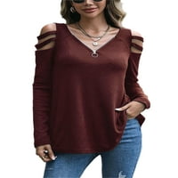 Glookwis Ladies V vrat pulover Izrez T-majica Baggy Chic Tunic Bluza Čvrsta boja Zip Up Tors Tops claret