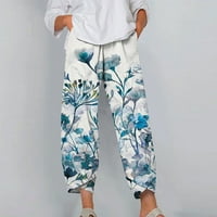Cvjetni print ljetne hlače za žene casual džepovi pamučni posteljina široka noga elastična struka Capris