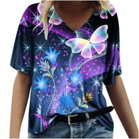 Dame V izrez TEE majice Labavi FIT Ljetni vrhovi Majice Leptir Cvjetni ispis Grafički majice Bluze