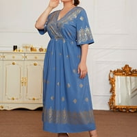 Ženska casual haljina plavi poliester ženski plus veličina ljetna haljina V izrez visok struk dizajn