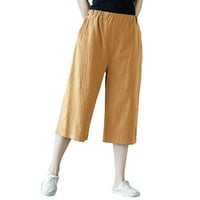 LisingTool široke pantalone za noge za žene Čvrsti povremeni džep široke noge hlače elastične struke labave hlače obrezane hlače za žene žute