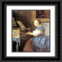 Johannes Vermeer matted crnarna ukrašena uokvirena umjetnička stakla 'dama sjedi na djevičnom [Detalj: