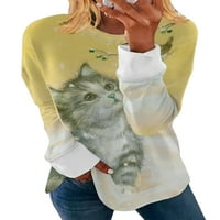 GLONME DAMIES majica Cat Print majica s dugim rukavima TEE DELEVISAOWAY labav tunik Bluza Osnovna posada
