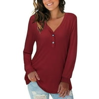 Bluze za žene Ženska gumb Solid Boja V-izrez kauzalni dugi rukavi za bluze labave majice s majicom T-majice